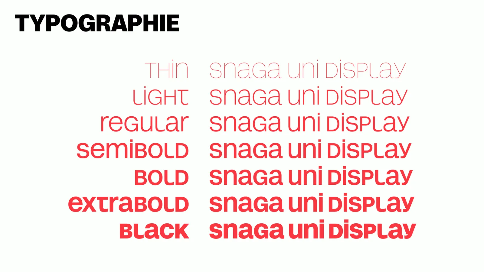 Page de la charte : les graisses de la Snaga Uni Display, de Thin à Black