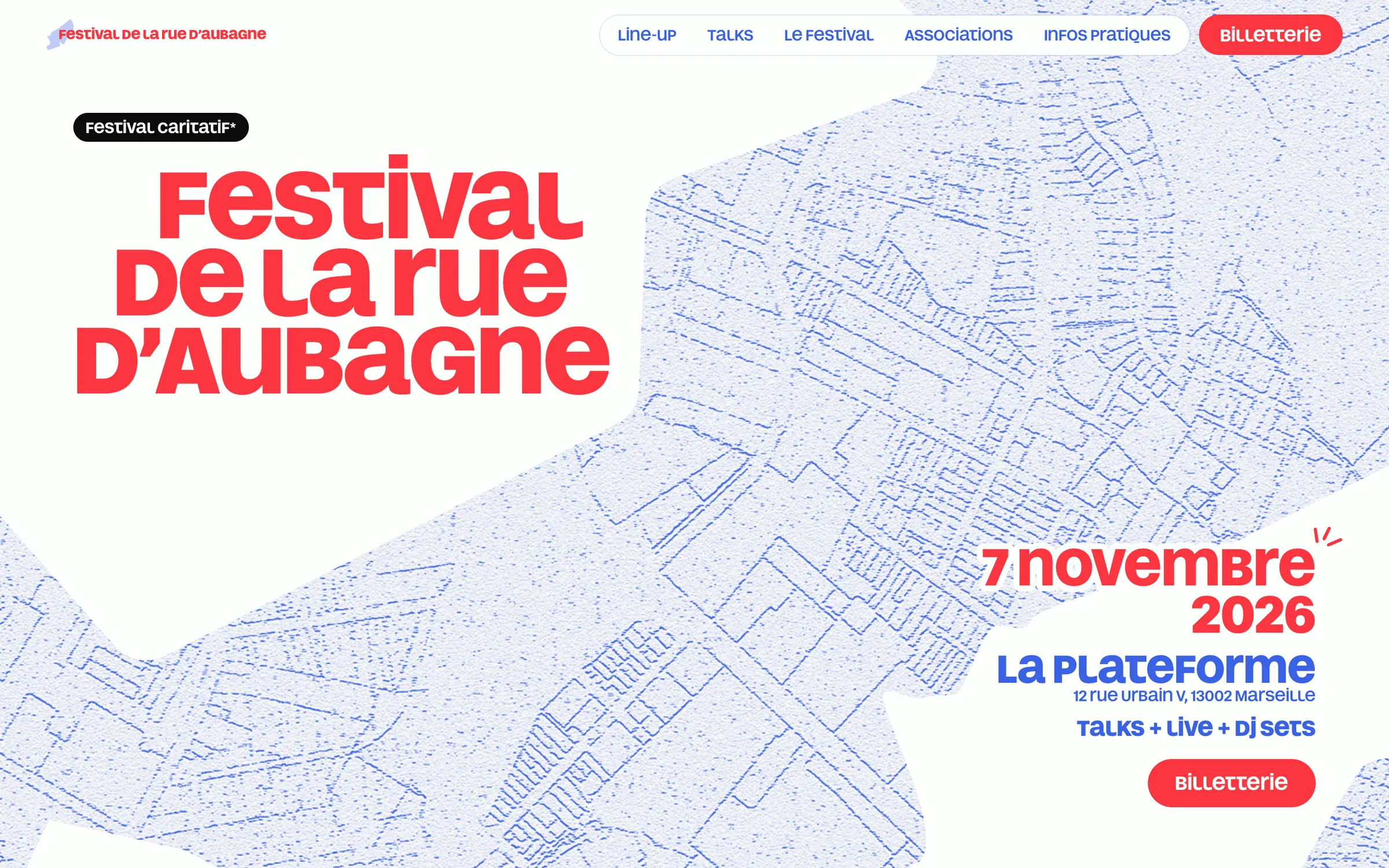 Accueil du site du festival : titre rouge sur une forme blanche, date et lieu sur une autre, cadastre bleu en fond.